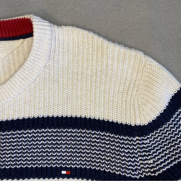Tommy Hilfiger Sweater 100% Cotton White with Blue Stripes Men’s Size Large - Picture 2 of 12